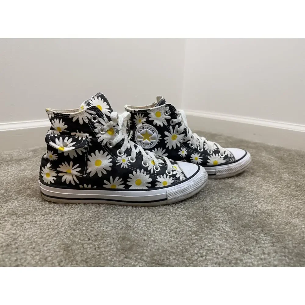Converse High Top Sneakers Black with White and Yellow Daisy Print - Picture 2 of 9